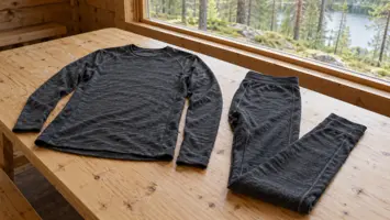 Tummanharmaa aluspaita ja pitkät alushousut vaalealla puupöydällä