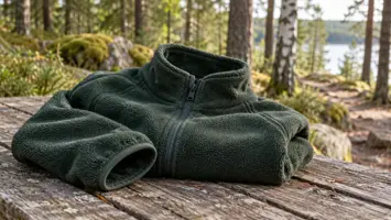Vihreä fleecetakki taiteltuna puiselle pöydälle mäntymetsän reunassa