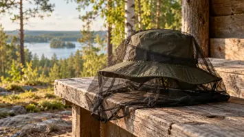 Hyttysverkko on levitetty retkihatun päälle metsälaavun penkillä