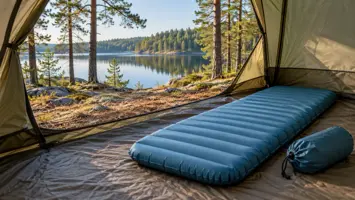 Sininen ilmatäytteinen makuualusta ja pumppupussi teltassa järven rannalla