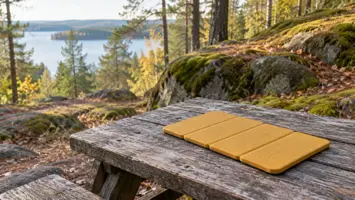 Keltainen taitettava istuinalusta puisella penkillä metsäpolun vieressä
