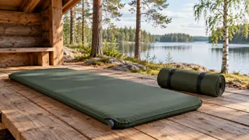 Vihreä makuualusta ja rullattu alusta puisella laavun lattialla järvimaisemassa