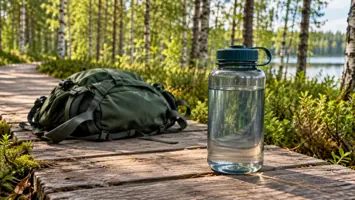 Läpinäkyvä juomapullo ja vihreä reppu puisella metsäpolulla