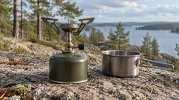 Pieni kaasukeitin ja erillinen kattila tasaisella järvenrantakalliolla