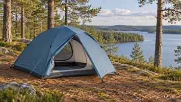 Sininen kahden hengen kupoliteltta ovi avattuna metsäisellä järvenrannalla