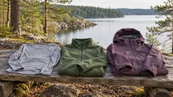 Harmaa aluspaita, vihreä fleece ja violetti kuoritakki puisella rantapenkillä