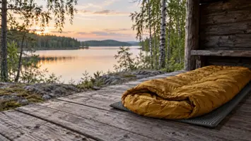 Keltainen kesämakuupussi makuualustalla laavun puisella lattialla järven rannalla