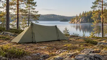 Vihreä kevyt vaellussauvateltta järvenrantametsän kuivalla leiripaikalla
