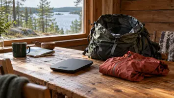 Vaaka, avoin reppu ja taitettu kuoritakki puisella mökkipöydällä
