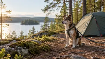 Valjaissa ja hihnassa oleva koira teltan vieressä järvenrantaleirissä