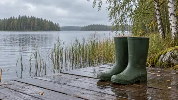 Vihreät kumisaappaat märillä rantalaudoilla järven ja kaislikon vieressä