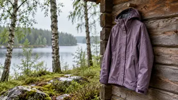 Violetti hupullinen kuoritakki mökin hirsiseinällä järven ja koivikon vieressä