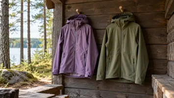 Violetti kuoritakki ja vihreä softshell-takki rinnakkain puuseinällä