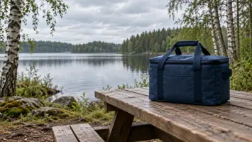 Sininen kylmälaukku puisella retkipöydällä koivuisen järven rannassa