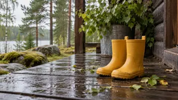 Pienet keltaiset kumisaappaat sateen kastelemalla mökin puukuistilla