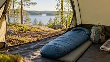 Pieni sininen makuupussi ja reppu teltassa metsäisen järven rannalla