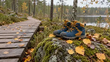 Pienet siniset ja okrankeltaiset vaelluskengät sammalkivellä pitkospuupolun vieressä