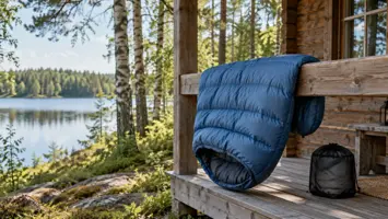Sininen makuupussi puisella tuuletuskaiteella varjoisalla järvenrantamökin kuistilla