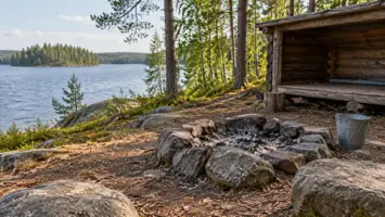 Kylmä nuotiopaikka ja vesiämpäri metsälaavun edessä