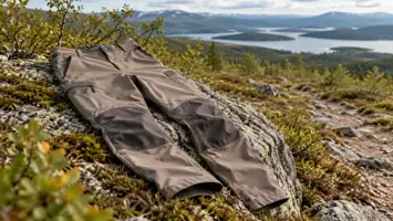 Harmaanruskeat retkeilyhousut sammaleisella kalliolla tunturimaisemassa