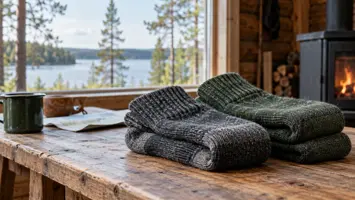 Harmaat ja metsänvihreät neulesukat taiteltuina mökin puiselle pöydälle