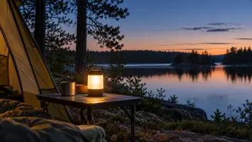 Akkukäyttöinen retkilyhty valaisee pöytää teltan vieressä iltahämärässä