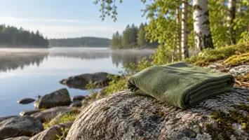 Vihreä pyyhe taiteltuna kalliolle koivujen reunustaman järven rannalla