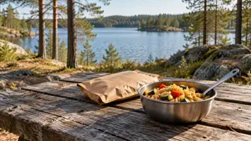 Retkiruoka-annos, lusikka ja paperipussi puisella pöydällä järven rannassa