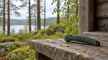 Suljettu taittosaha lepää metsälaavun puisella penkillä