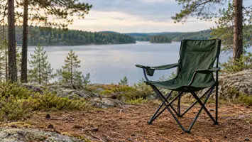 Tyhjä vihreä retkituoli seisoo tasaisella järvenrantaleirillä