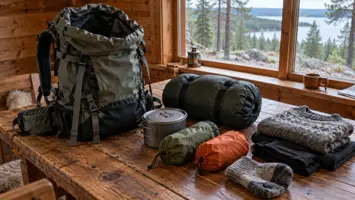 Avoin rinkka, makuupussi, kattila ja taitellut vaatteet mökin pöydällä