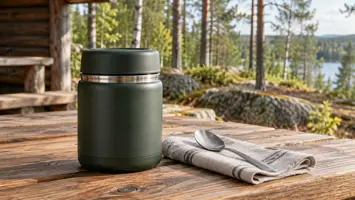 Vihreä ruokatermos, lusikka ja pellavaliina puisella retkipöydällä