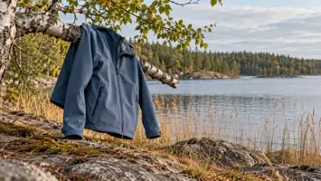 Sininen softshell-takki koivun oksalla järven rannassa