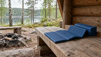 Osittain avattu sininen haitarimallinen solumuovialusta laavun puisella penkillä