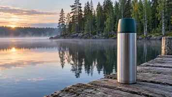 Teräksinen termospullo puisella laiturilla aamusumuisen metsäjärven rannassa