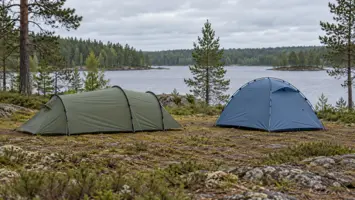 Pitkänomainen vihreä tunneliteltta ja sininen kupoliteltta järvenrantaleirissä