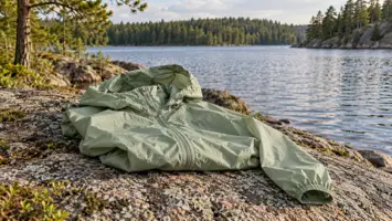 Vaaleanvihreä kevyt tuulitakki taiteltuna rantakalliolle