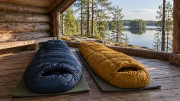 Kaksi makuupussia alustoillaan puisessa laavussa järvimaiseman äärellä