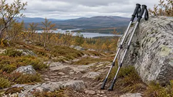 Vaellussauvapari nojaa kallioon tunturipolun reunalla
