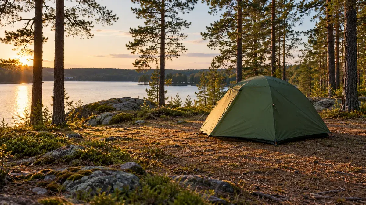 Vihreä teltta tasaisella metsäleiripaikalla järven rannalla