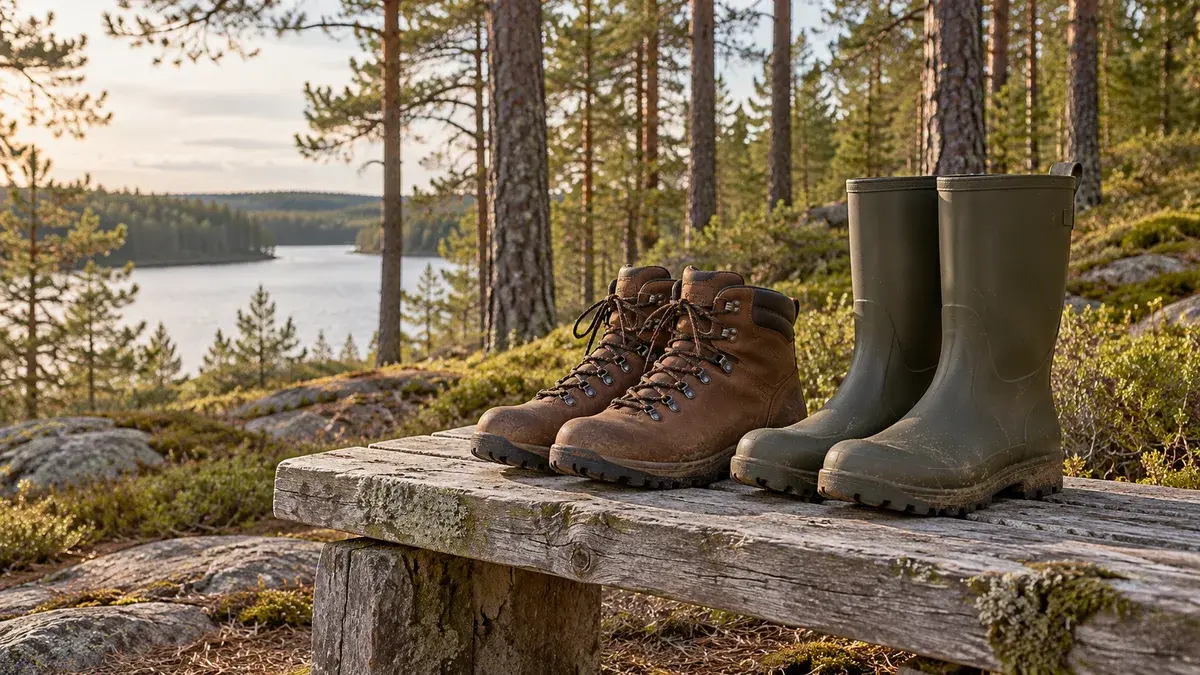 Ruskeat vaelluskengät ja vihreät kumisaappaat puisella penkillä järvenrantametsässä