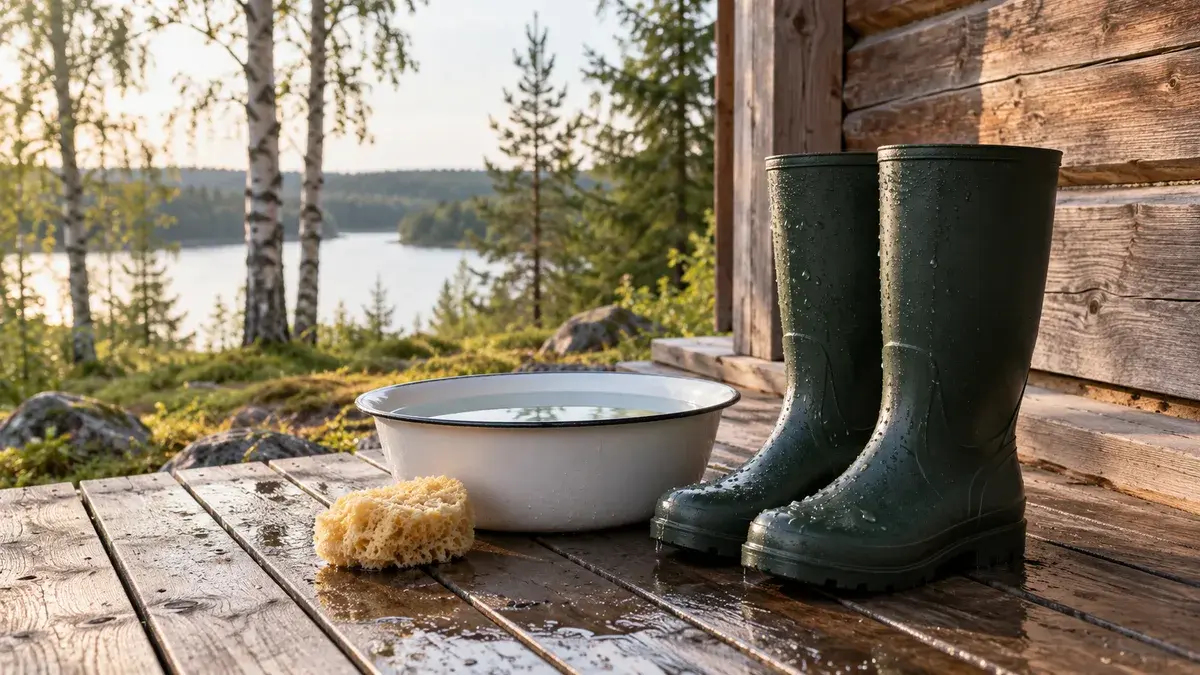 Vihreät kumisaappaat, vesivati ja pehmeä sieni mökin puukuistilla
