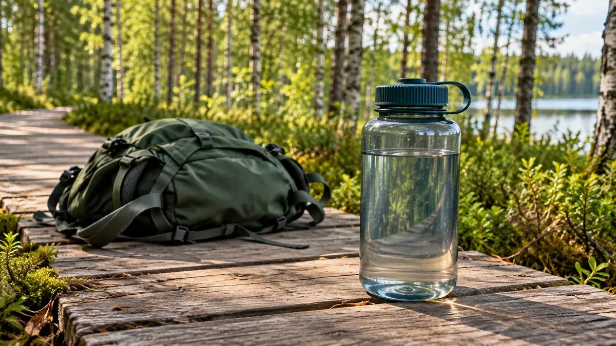 Läpinäkyvä juomapullo ja vihreä reppu puisella metsäpolulla