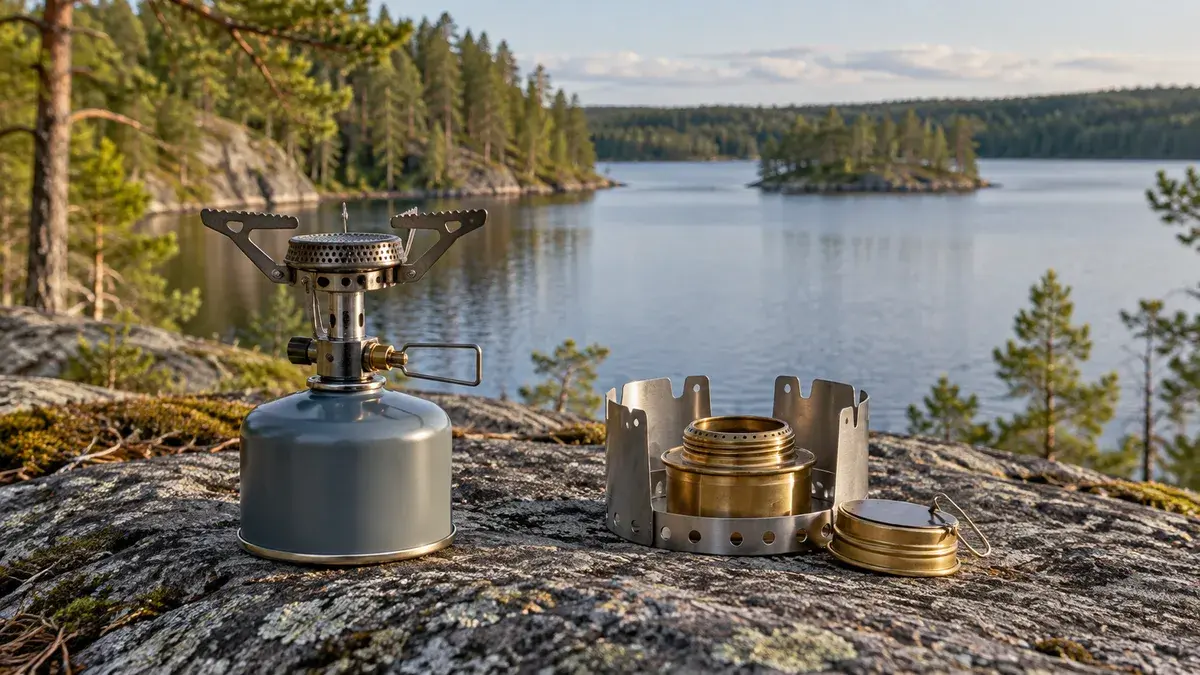 Kaasukeitin ja messinkinen spriipoltin vierekkäin metsäjärven rantakalliolla