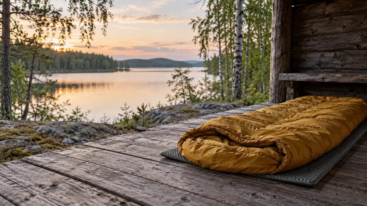 Keltainen kesämakuupussi makuualustalla laavun puisella lattialla järven rannalla