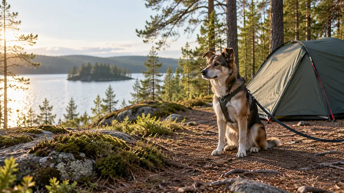 Valjaissa ja hihnassa oleva koira teltan vieressä järvenrantaleirissä