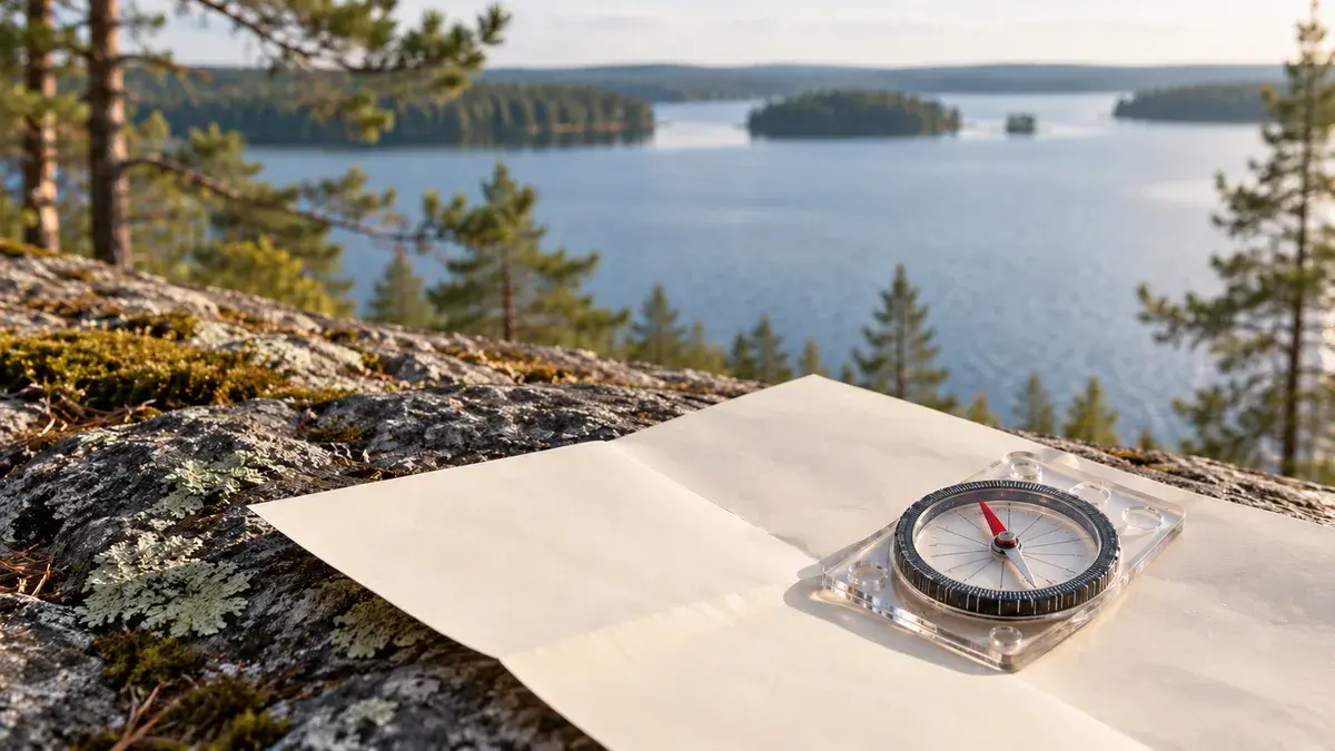 Kompassi lepää tyhjällä taitetulla paperilla järvenrantakalliolla