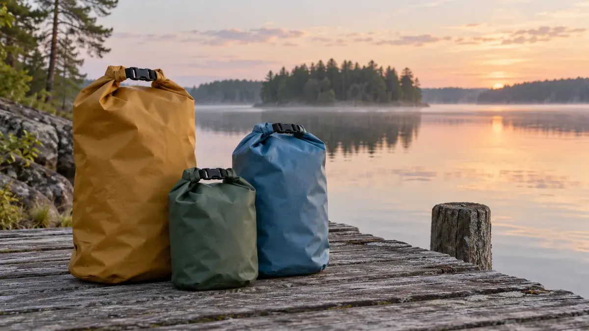 Kolme erikokoista suljettua pakkauspussia puisella laiturilla järven rannassa