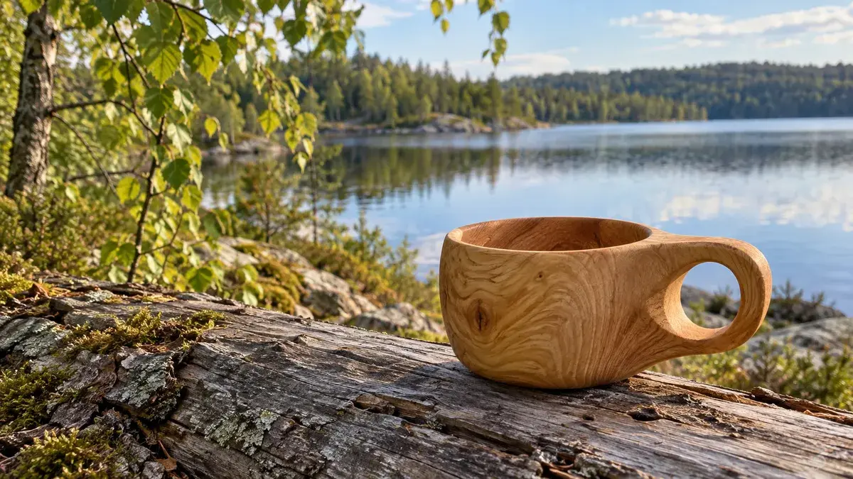Puinen kuksa kelon pinnalla koivujen reunustaman metsäjärven rannassa
