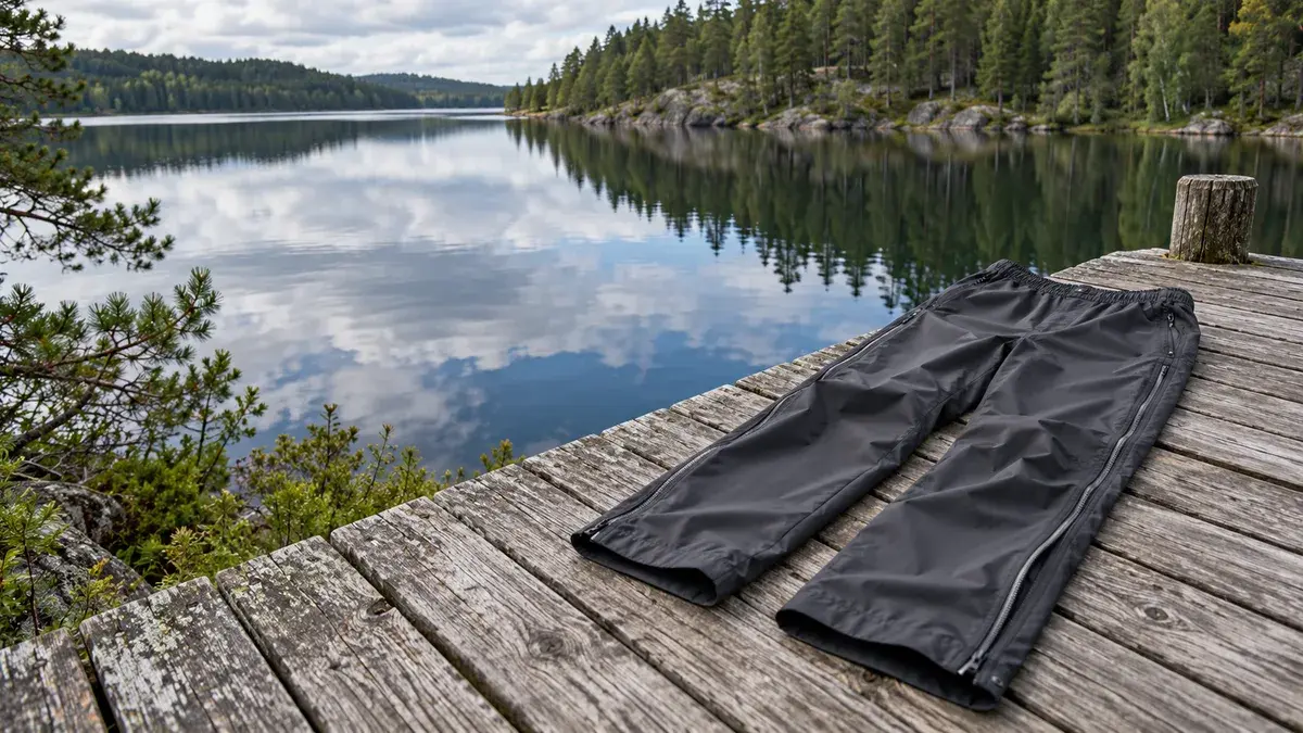 Tummat kuorihousut puisella laiturilla metsäjärven vieressä